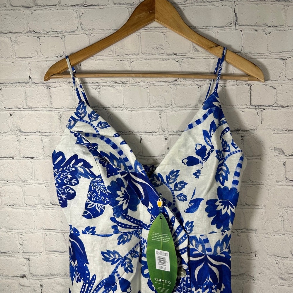 Farm Rio Floral Birds Off White Sleeveless Mini Dress Blue White Linen Blend S - Picture 2 of 13